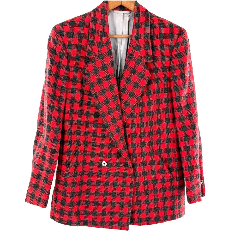 Freedberg of Boston Plaid Double Breasted Blazer 6 Red Gray Wool Jacket Academia
